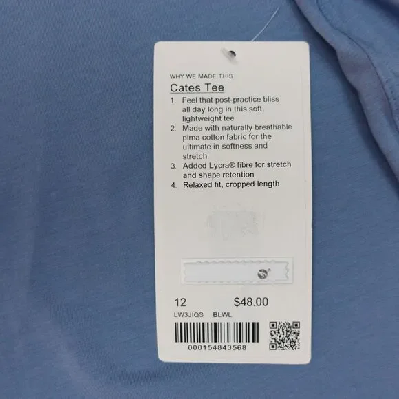 New Lululemon Size 12 Cates Tee Shirt Relaxed Fit Cropped Pima Cotton BLWL Blue - Picture 7 of 7